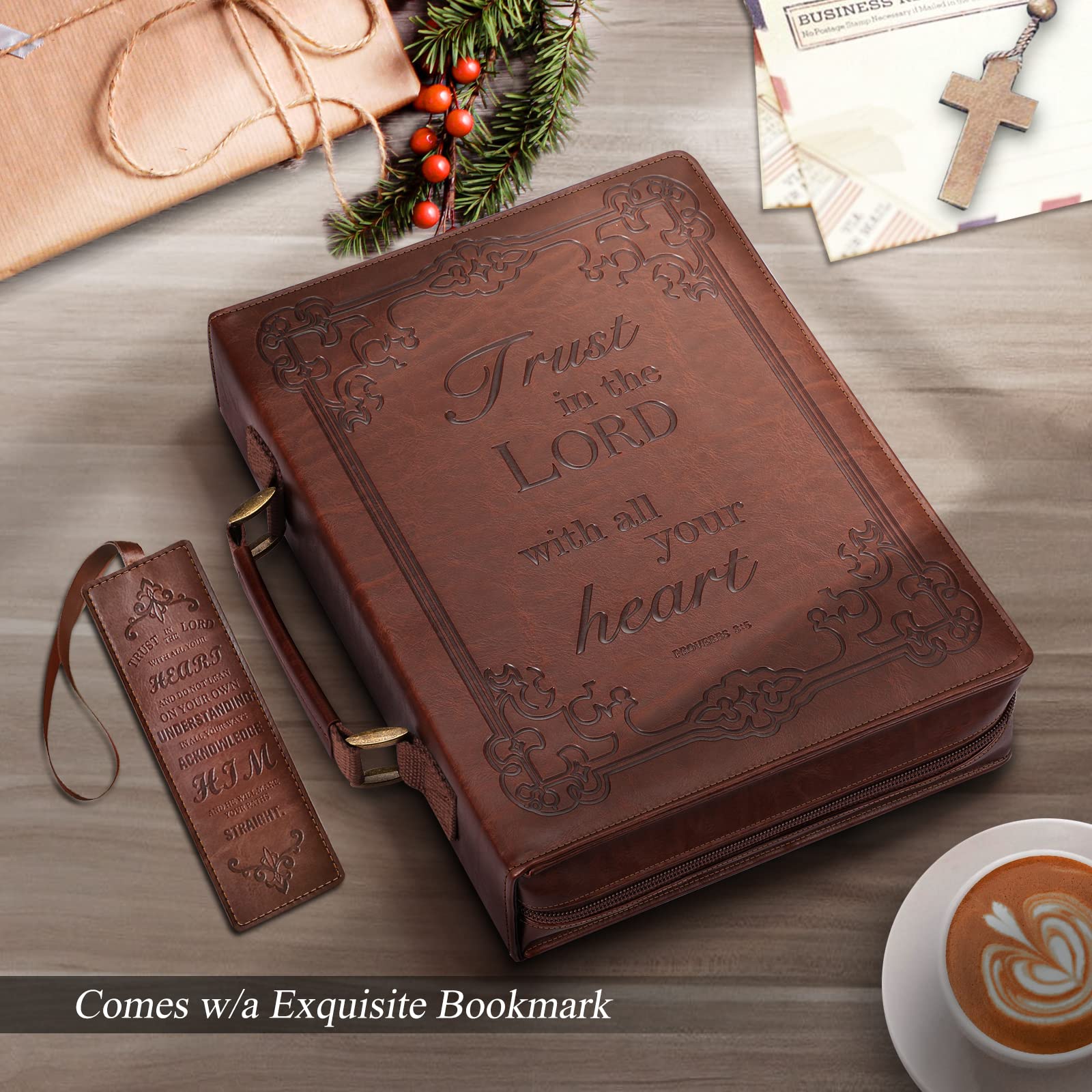 FINPAC Large Classic Bible Cover Vegan Leather Carrying Book Case Church Bag Bible Protective with Handle, Gift for Men, Women, Father, Mother, Friends, Brown