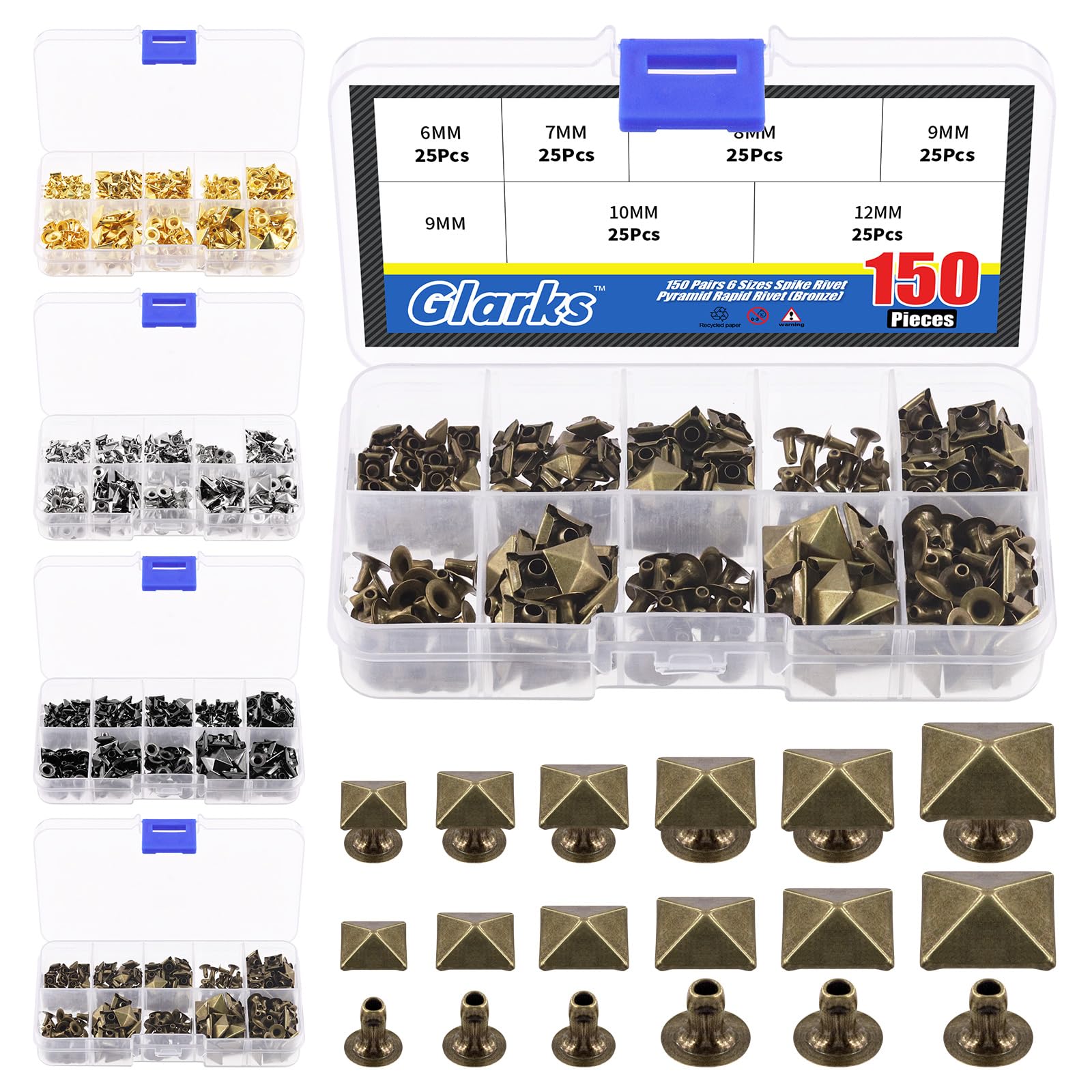 Glarks 150Pcs Bronze Spike Rivet, 6mm 7mm 8mm 9mm 10mm 12mm Pyramid Rapid Rivet Studs Square Punk Spikes Leather Craft Decoration for Clothing Belts Bags Shoes