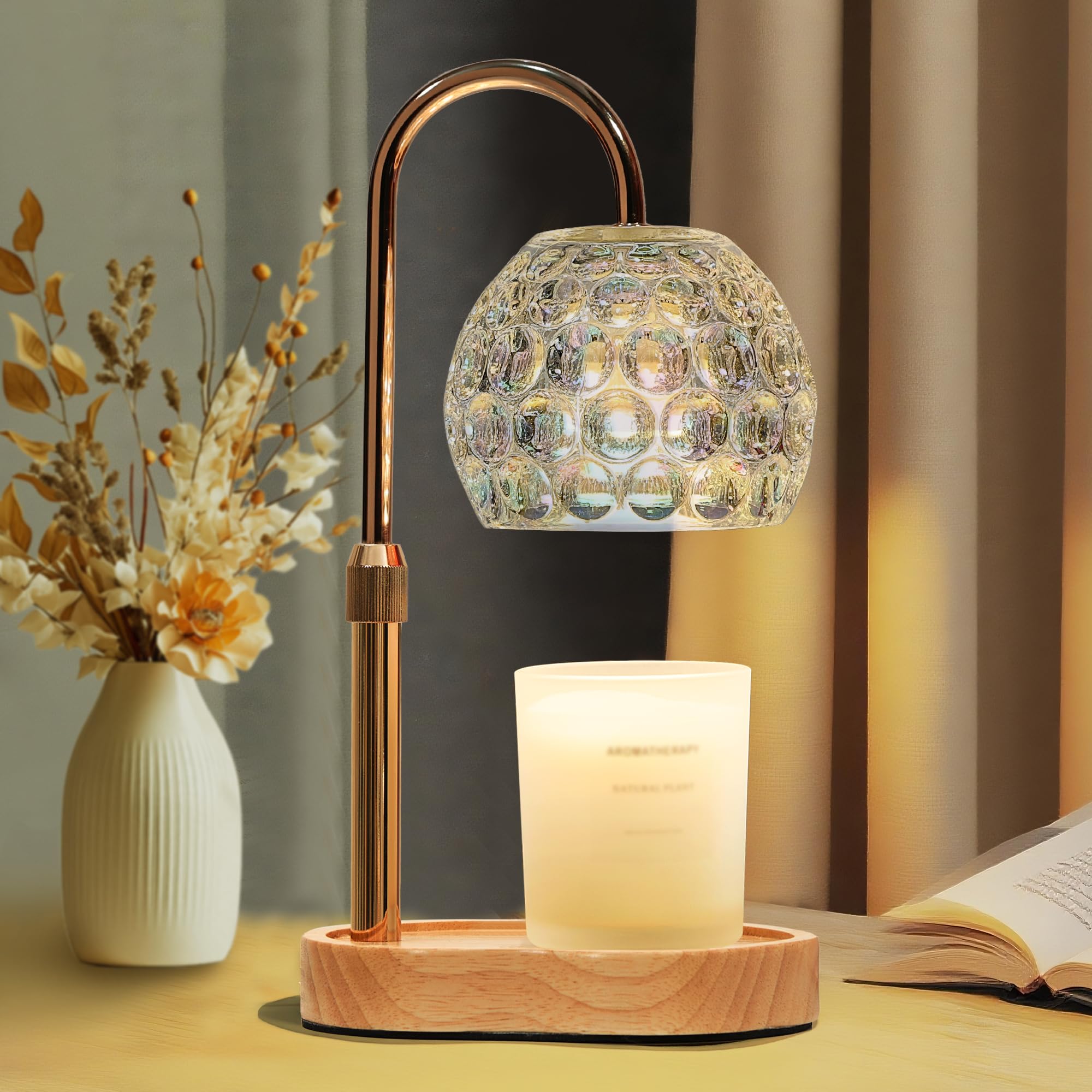 vankada Candle Warmer Lamp with Timer Dimmable, Round Transparent Glass Wax Warmer Lamp with Iridescent Color Finish, Adjustable Height for Jar Candles, Birthday & House Warming Gift for Women