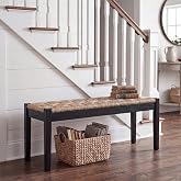 46-Inch Acacia Wood Entryway Bench with Woven Seagrass Seat, Black Leg | Wicker Bench Indoor for Hallway, Dining, End of Bed, Farmhouse Boho Modern