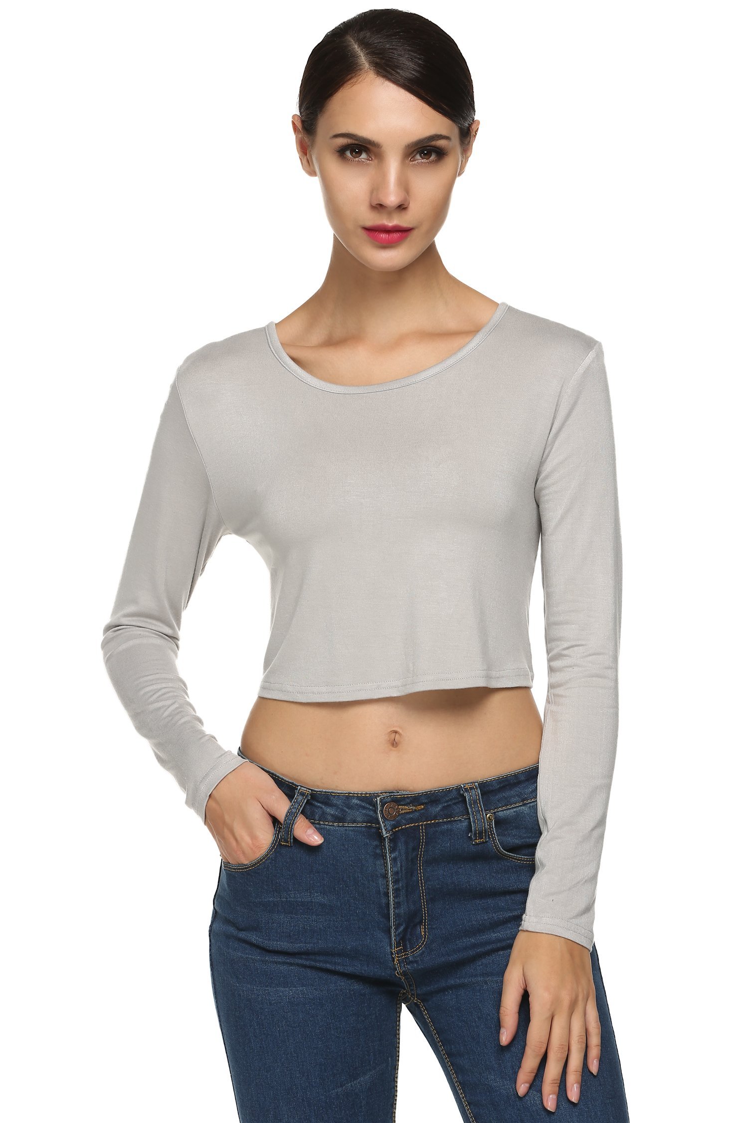 Zeagoo Women Backless Long Sleeve Solid Crop Tops Blouse Gray