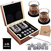 Whiskey Stones Gift Set, Includes 2 Whiskey Glasses, 8 Chilling Whiskey Stones in Wooden Gift Box, Unique Gifts for Men Birthday Christmas Valentine Drinking Gift for Dad Husband Party Holiday Present