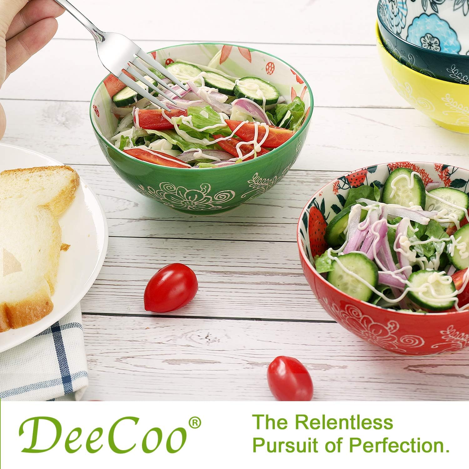 DeeCoo Porcelain Bowls Set (18-Ounce, 6-Piece) - Bowls for Cereal, Soup, Salad, Pasta, Fruit, Ice Cream Bowls Service - Microwave and Dishwasher Safe, Assorted Designs: Kitchen & Dining