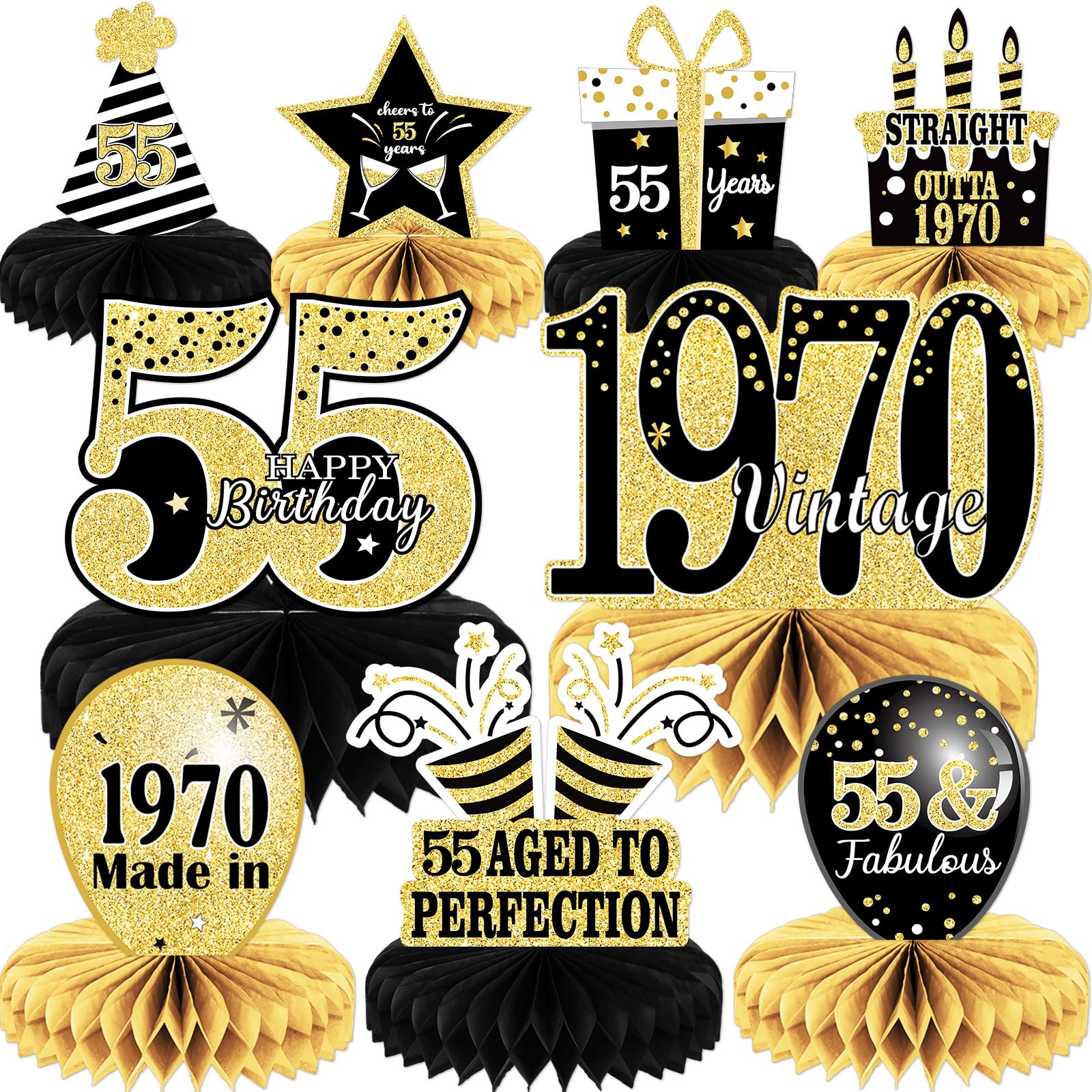 Photo 1 of 9PCS 55th Birthday decorations 55th birthday Centerpieces for Table Decorations 2025 Vintage 1970 Honeycomb Table Topper Back in 1970 55th Birthday Decoration for Men and Woman 55 Years Birthday Party