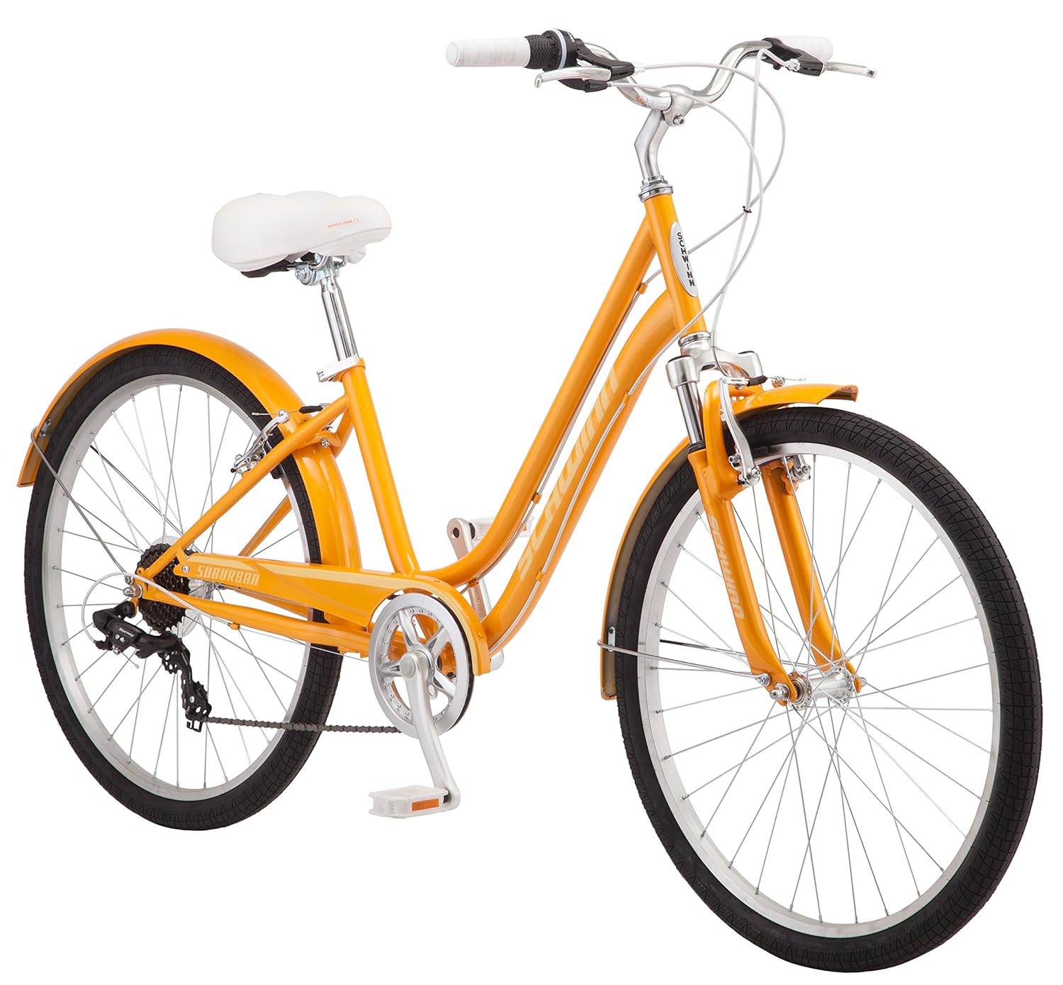 Schwinn Suburban Comfort Hybrid Bike, Featuring Low Step-Through Steel Frame and 7-Speed Drivetrain with 26-Inch Wheels, Small/16-Inch Frame, Orange