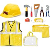 BLUE PANDA Kids Construction Vest &amp; Hard Hat Costume Set - Small Yellow - 10-Piece Builder Kit with Tool Belt, Hammer, Saw &amp; Goggles - Construction Accessories for Toddlers