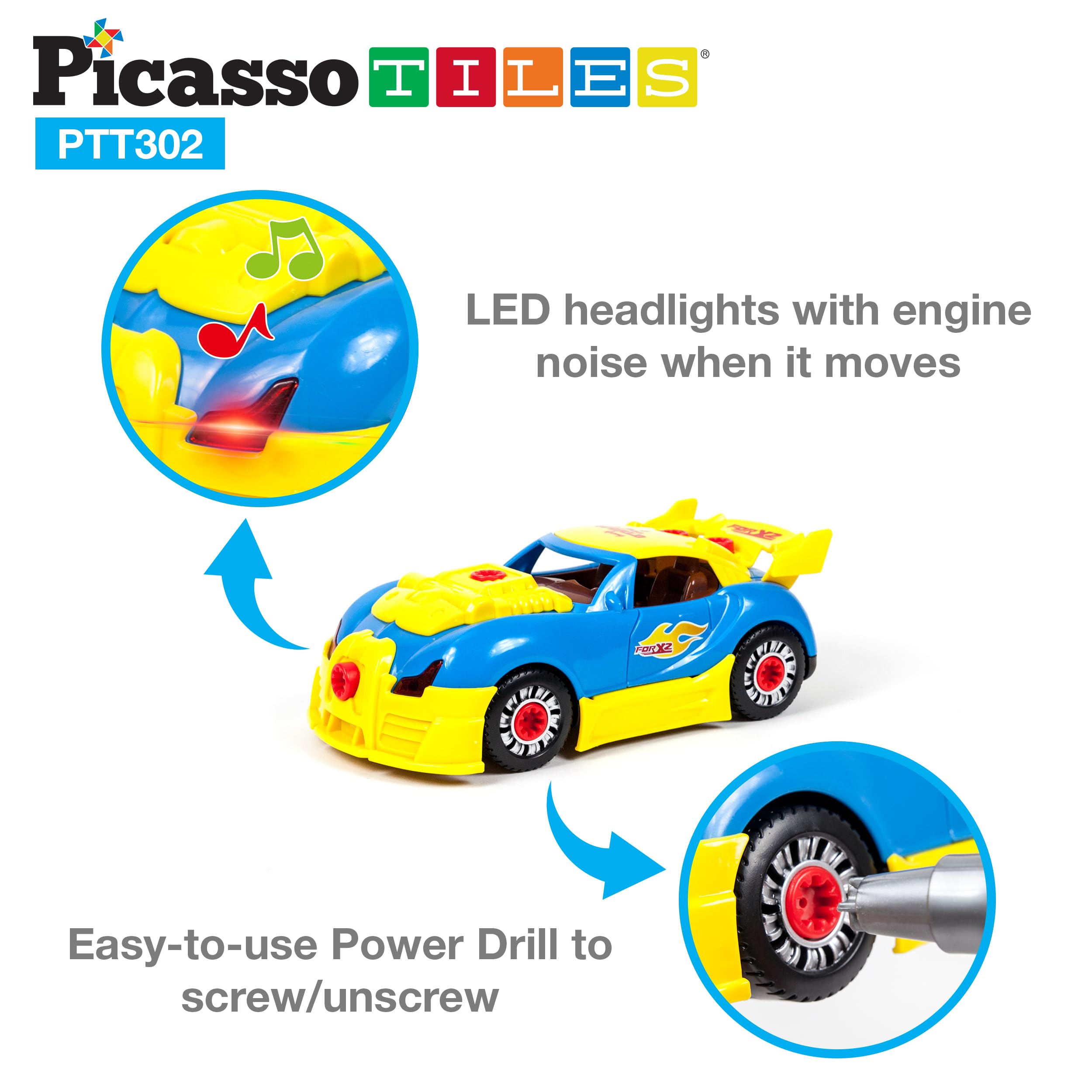 PicassoTiles Take-A-Part Race Car Set with LED, Engine Sound, Mini Electric Power Tool Reversible Drill, Screws Included PTT302 2-in-1 DIY Construction Build Your Own 30pc Racing Car S.T.E.A.M. Kit