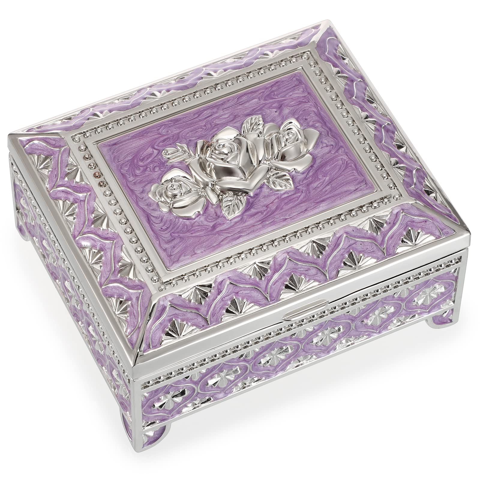 IGNPION Metal Jewelry Box Rose Engraved Trinket Holder Earrings Rings Trinket Storage box Jewelry Keepsake Ornate Display Case for Birthday, Wedding, Mothers Days Gifts, Silver+Purple