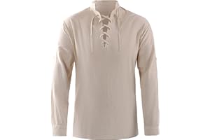 VANDERDYKEN Men's Renaissance Costume Pure Cotton Retro Lace Up Shirts for Pirate Viking Medieval
