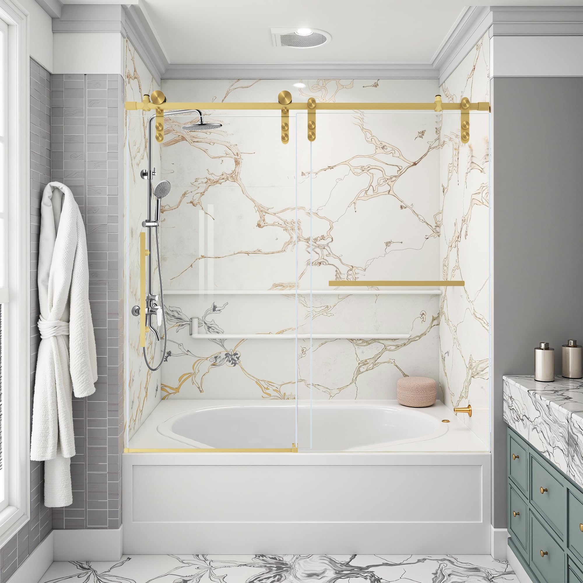 Photo 1 of ** USED // NicBex Shower Doors for Bath Tub 56-60" W x 66" H Frameless Single Sliding Bathtub Shower Door, 5/16" ANSI Certified Tempered Glass and Exquisite Roller Rail for Bathroom, Brushed Gold