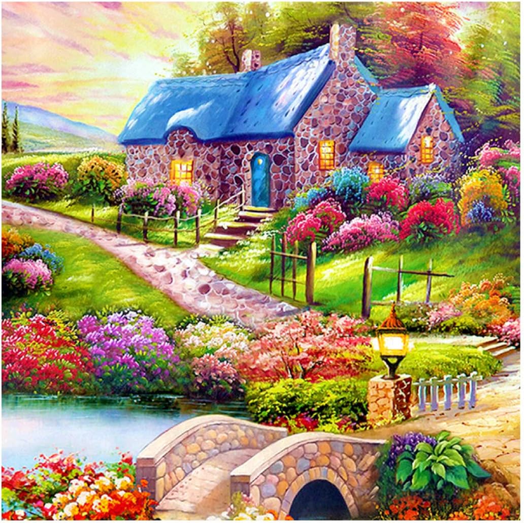 MXJSUA 5D DIY Diamond Painting Kit by Number Full Drill Round Beads Crystal Rhinestone Picture Supplies Wall Sticker Decor 30x30cm Flower House