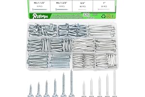 RUIBAPA 320Pcs Premium Hardware Nails & High Hardness Wood Screws Assortment Kit,11 Sizes (1/2"-2"),Phillips Drive Flat Head, Wood Screws,Galvanized,Picture Hanging,Wood,Common Nails with Storage Box