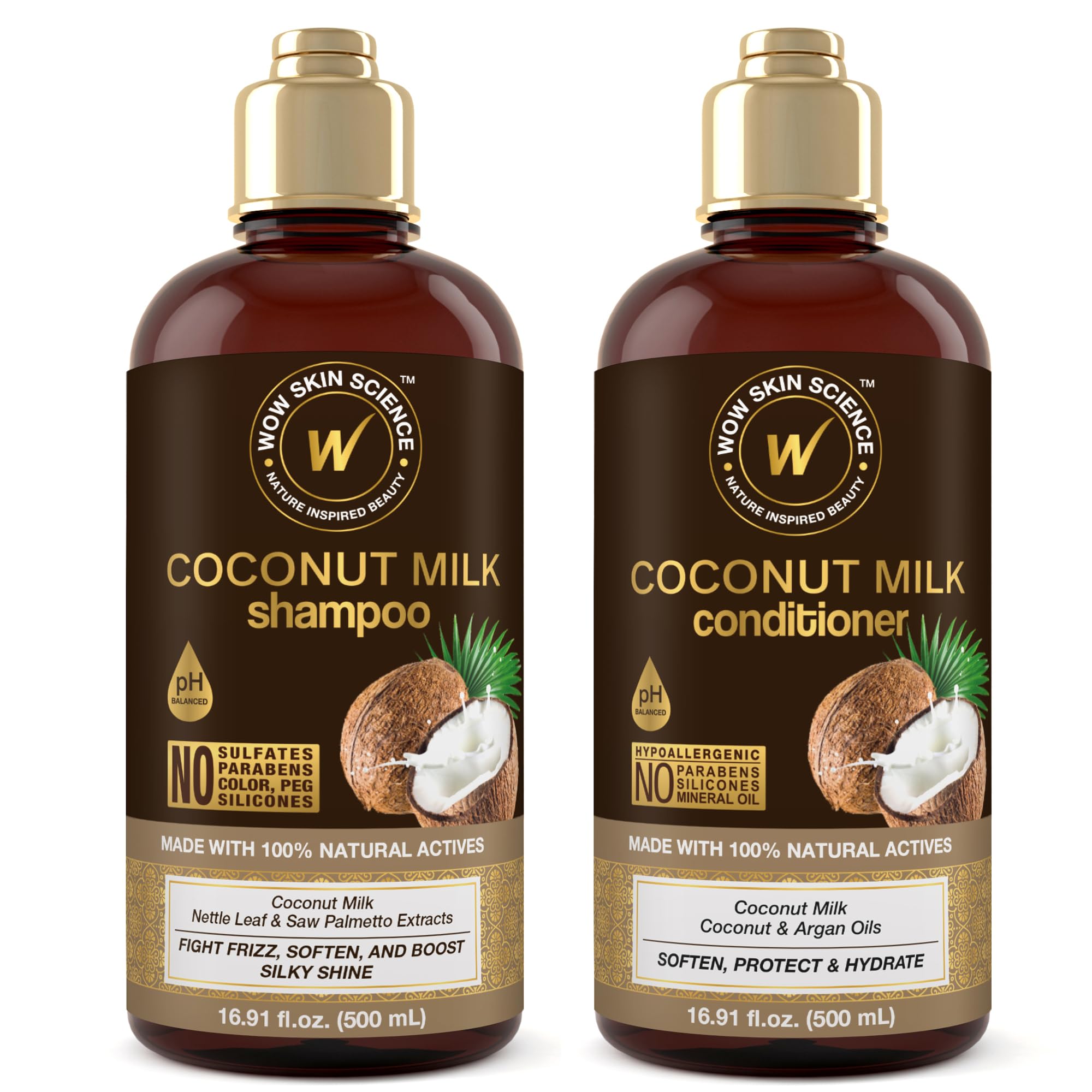 WOW Skin Science Coconut Milk Shampoo And Conditioner Set - Shampoo Conditioner Set Paraben Sulfate Free - Shampoo & Conditioner Set For Curly Hair (Brown, 2 Piece Set)