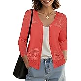 Urban CoCo Women's V-Neck Boho Crochet Cardigan 2025 Summer Lightweight 3/4 Sleeve Open Front Button Down Cover Up