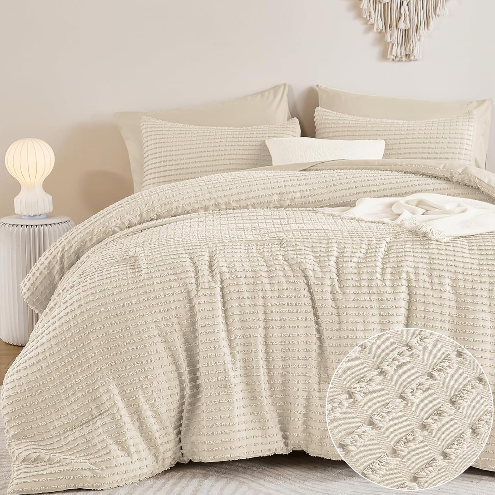 Yiran 7 Piece Beige Boho Comforter Set Queen Bed in a Bag Tufted ...