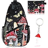 cobee 3 Pcs Mushroom Sling Backpack Set, Adjustable Crossbody Shoulder Bag Multi-pocket Chest Bag with Mushroom Purse Keychain for Men Women, Travel, Hiking, Casual Sport, Climbing, Runners