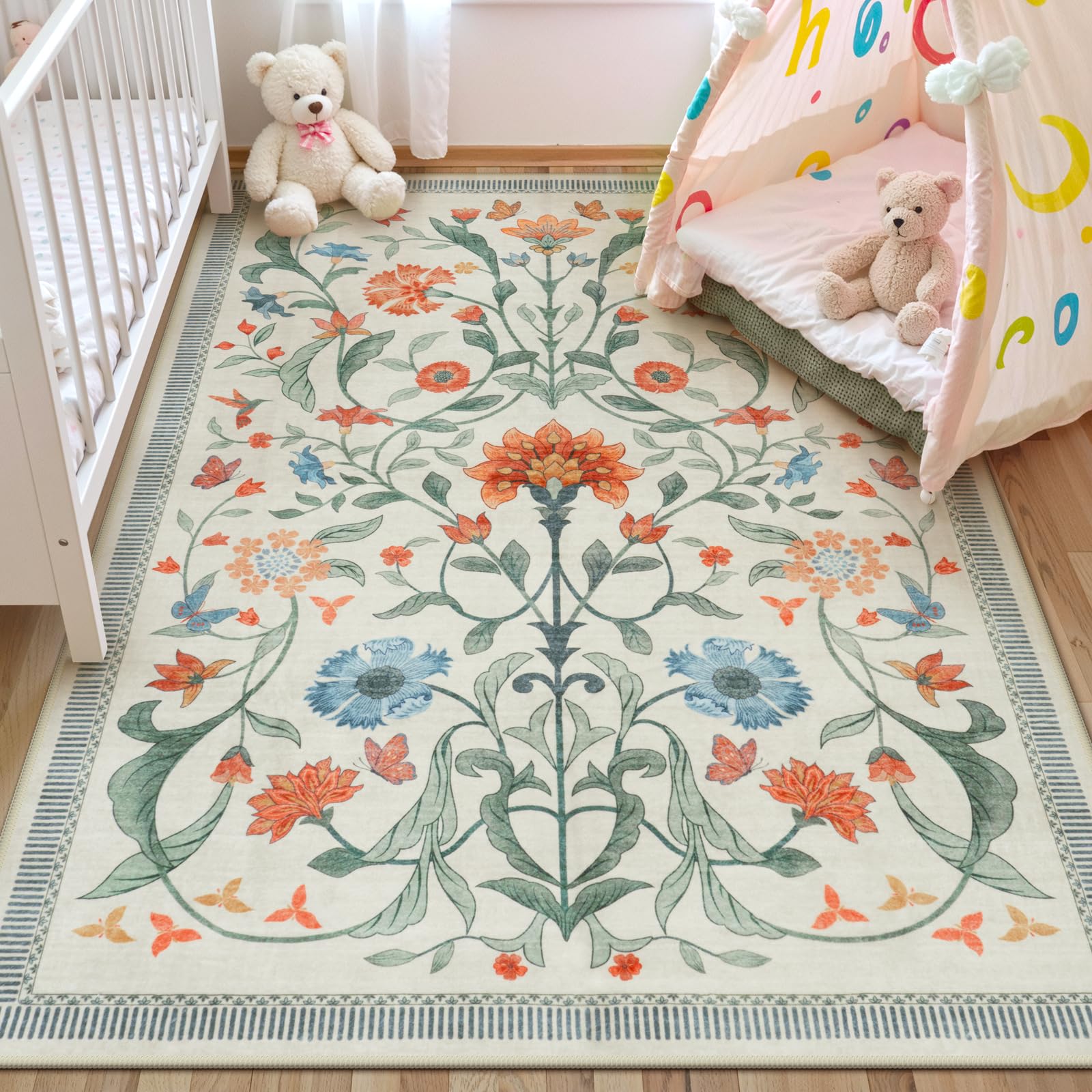 Photo 1 of LIVEBOX Living Room Rugs, Boho Floral 5x7 Area Rug for Bedroom, Soft Non-Slip Neutral Washable Rugs, Low-Pile Stain Resistant Indoor Carpet for Dining Room Home Office(5x7ft,Beige)