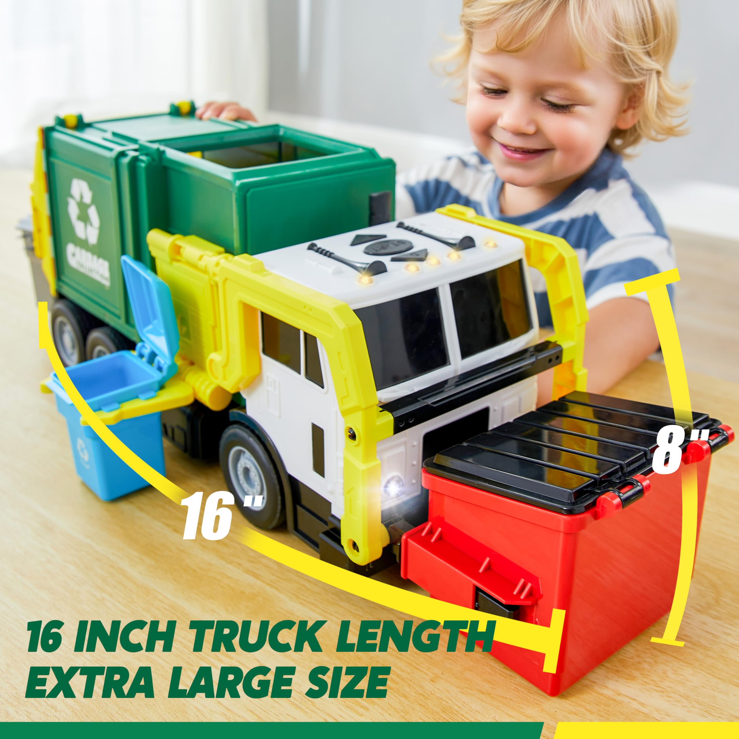 JOYIN Müllauto Spielzeug mit Lichtern und Sound,40cm Großer Müllwagen Spielzeug ab 3 4 5 6 7 Jahre,Müllabfuhr Auto Kinder mit Frontlader-Mülltonne, 3 seitlichen Mülleimern mit 30 Stück (Grün) 6