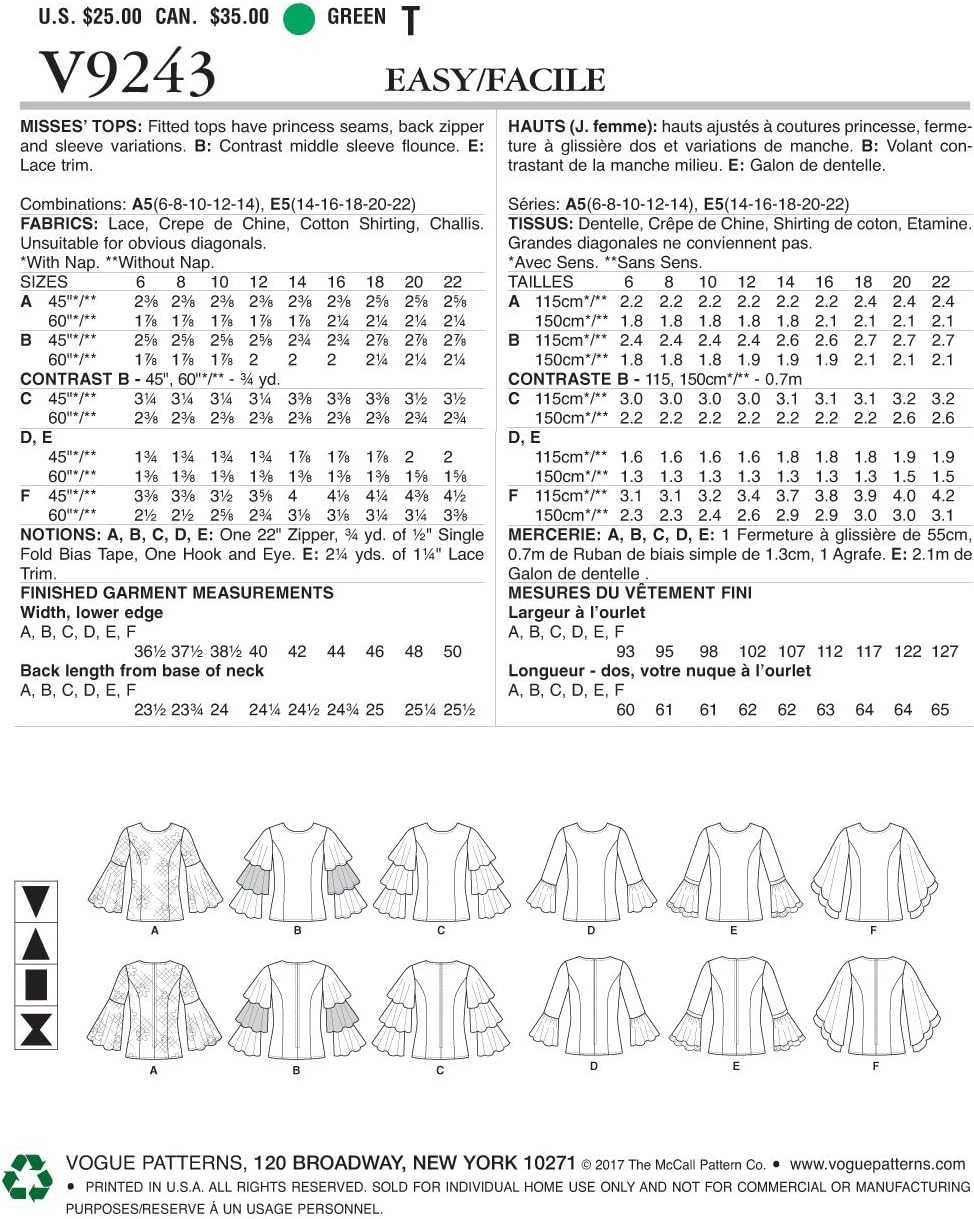 Amazon Com Vogue Patterns Misses Princess Seam Tops With Flared Sleeve Variations Sewing Pattern 14 16 18 22 Green Arts Crafts Sewing