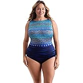 Longitude by Mimi Flamingo Women's Plus Swimwear Just Shine Scoopback Highneck Long Torso Tank One Piece Swimsuit, Turquoise, 22