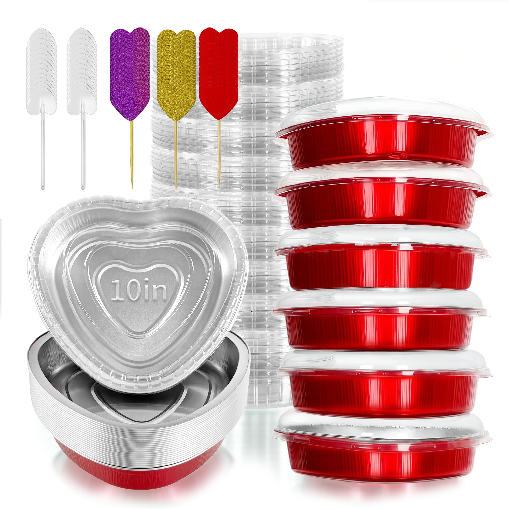 Photo 1 of yeload 24-Pack 10 Inch Heart Shaped Aluminum Foil Cake Pans with Lids, 33oz Heavy Duty Disposable Red Bakeware for Valentine's Day, Mother's Day, Parties & Gift Giving (Red)