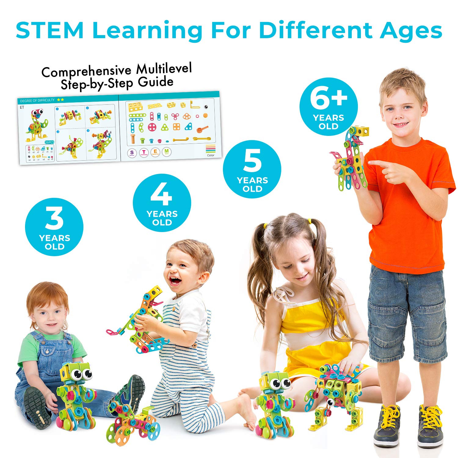 MÖBIUS Toys 260 Piece STEM Learning Toys Kids Construction Engineering Kit Building Block Toy Blocks Children Early Education Playset Power Drill w/Free IdeaBook, Clickable Ratchet, Age 3+