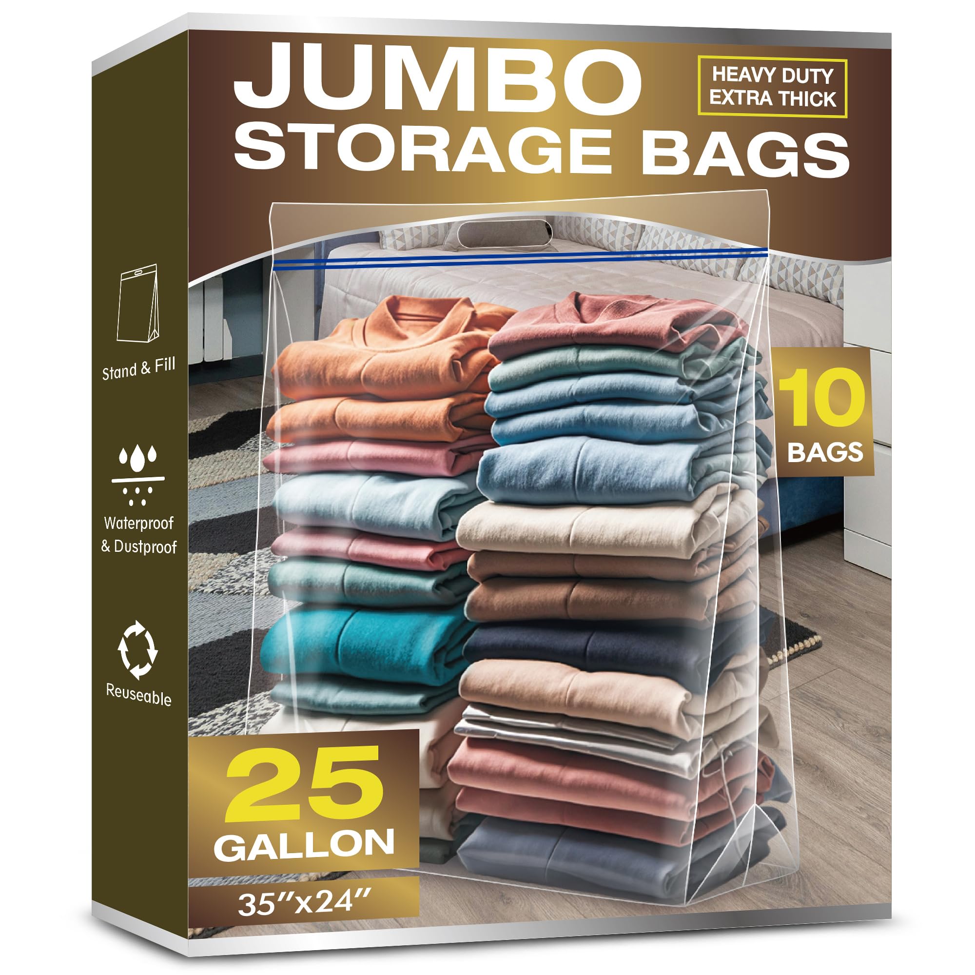Photo 1 of 25 Gallon Jumbo Storage Bags, 3.5 Mil Thick Clear Plastic Zipper Bags with Handles, 35" x 24" Extra Large XL Heavy Duty for Home, Travel, and Moving (10 Packs)