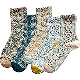 DXYAKY 5 Pairs Womens Floral Cotton Socks Vintage Patterned Crew Socks Novelty Ankle Ruffled Warm Casual Dress Socks