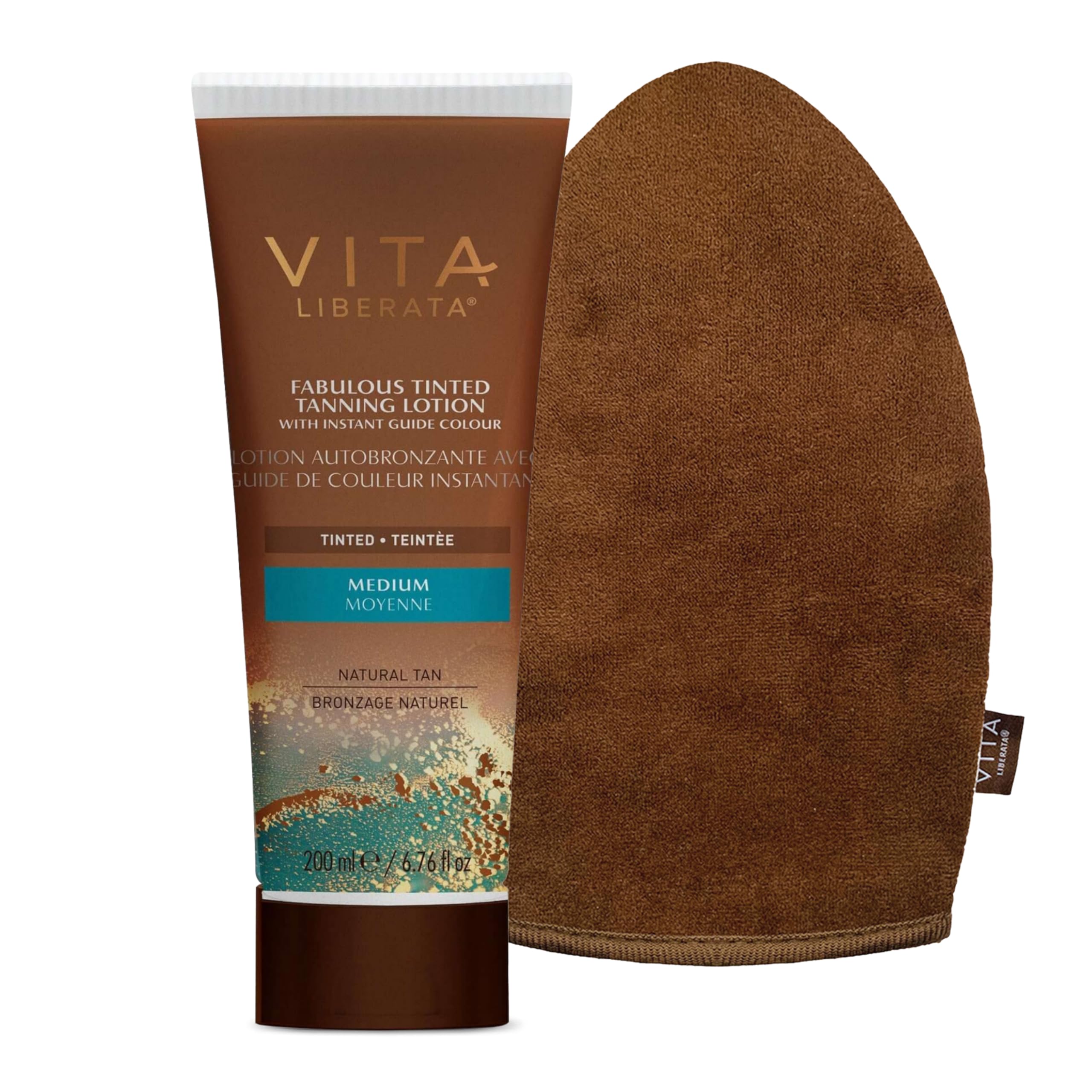 VITA LIBERATA Tinted Tan Lotion Medium 200ml & Mitt Bundle, Hydrating Tanning Lotion, Sun-Kissed Tan, Designed for Face & Body Use, Tinted, Lasting Tan, Streak Free Blend