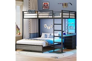 ADORNEVE Bunk Bed with Desk, Full Over Full Bunk Beds with Charging Station & Led Lights, 4 Storage Drawers & 2 Open Storage Shelves, Metal Loft Bed with Safety Guardrail & Ladder for Kids/Teen, Grey