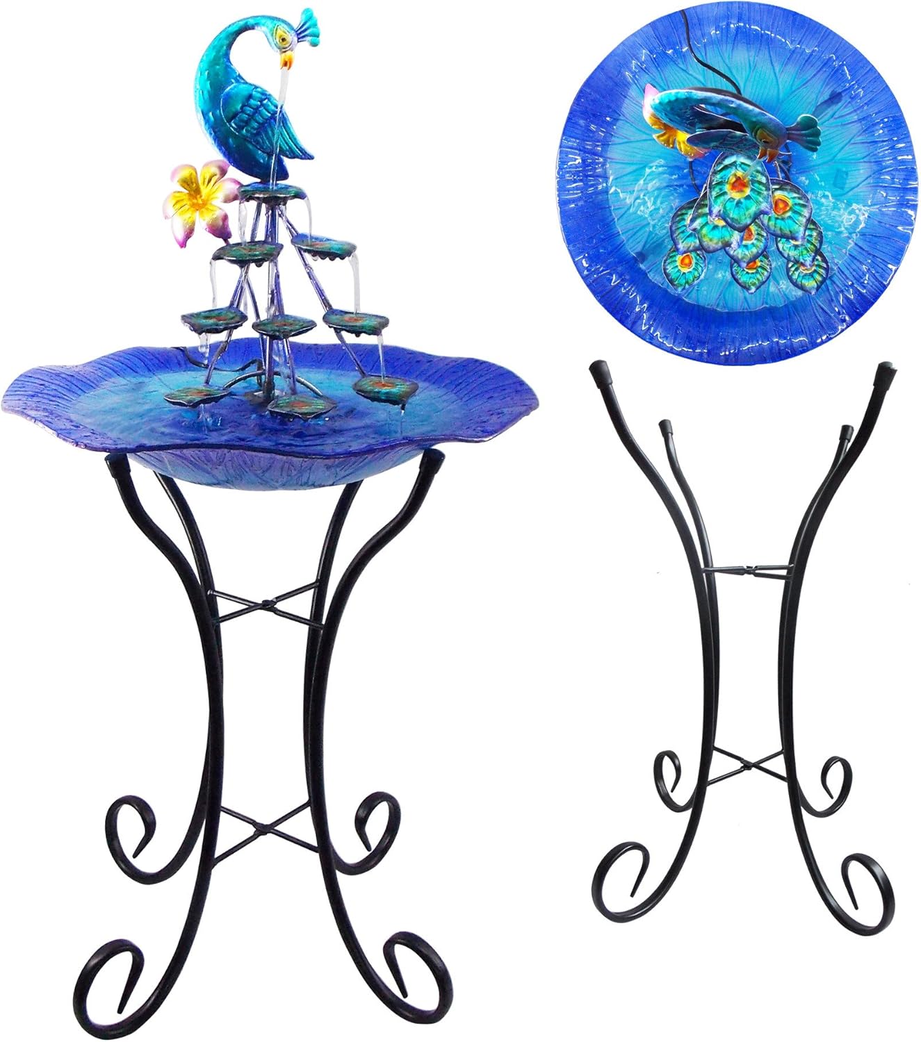 Comfy Hour 34" Blue Metal Art Peacock Water Fountain Tabletop Garden Decor