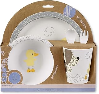 Sterntaler Bambus Kinder Geschirr-Set Hanno und Edda, Teller, Schüssel, Becher, Löffel und Gabel, Weiß