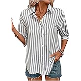 MakeMeChic Women's Striped Button Down Shirt 3/4 Sleeve Collared Work Office Blouse Tops