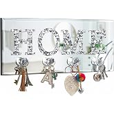 Yalikop Mirrored Key Holder Wall Decor with Heart Hooks, Silver | Mirrored crushed-diamond HOME sign, clear heart hooks, 13.78 x 5.91 in, wall or door mounted key holder