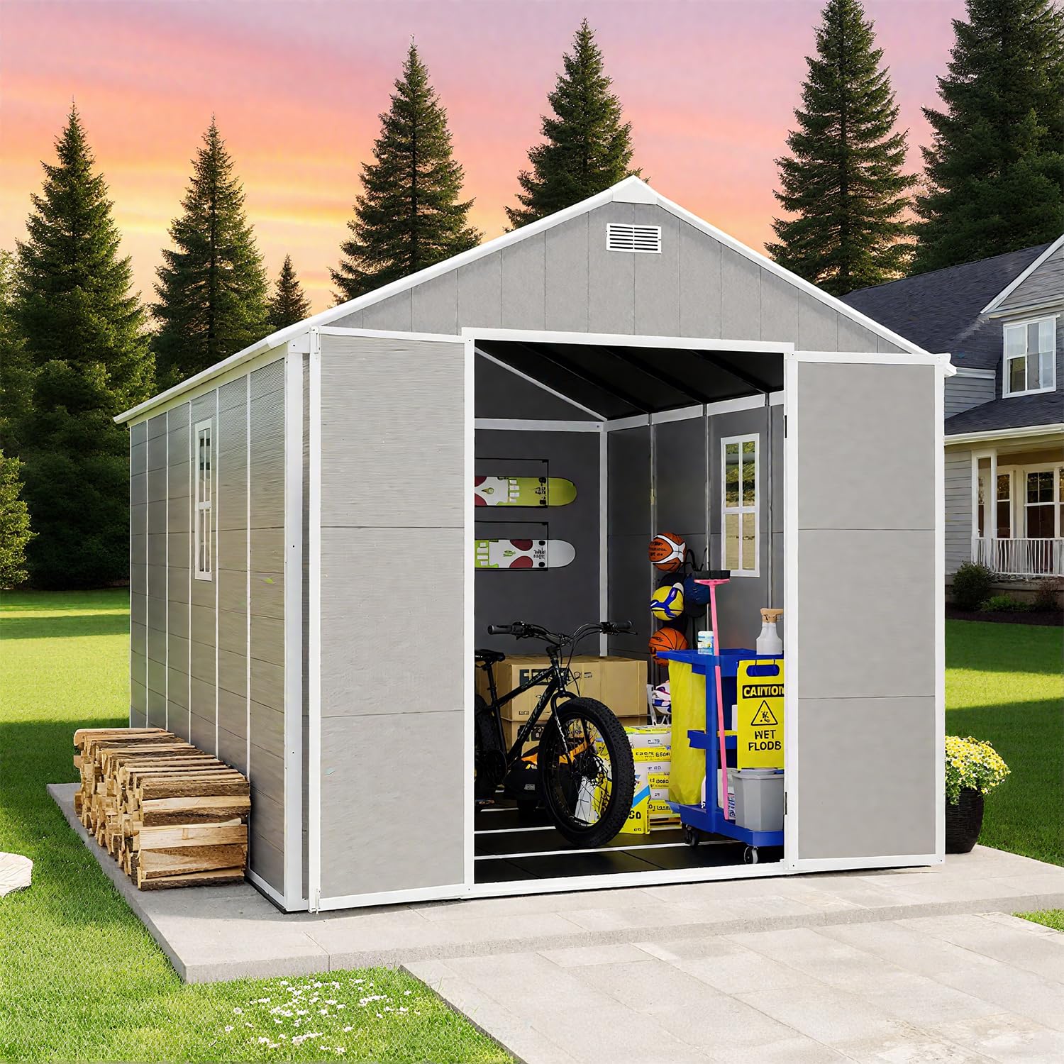 Photo 1 of **PARTIAL SET BOX 4 OF 4 ** 8x10 FT Outdoor Storage Resin Shed with Floor,Waterproof Plastic Garden Bike Shed with Lockable Door, Sloped Roof, Vents & Windows, Easy Assembly Tool Shed for Lawn, Backyard, Patio, Grey