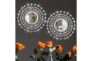SXNZEQUNZE 17.7’’ Jeweled Ornate Wall Mirrors Set of 2 Silver Crystal Round Mirrors for Wall Decorative Accent Mirror Home Décor Crushed Diamond Gemstone Mirror