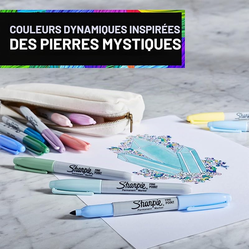 Coffret-cadeau de stylos marqueurs permanents - Tirelire licorne et stylos marqueurs - Pointe fine - Assortiment de couleurs Mystic Gem - 16 unités - Cadeaux licorne pour filles et garçons