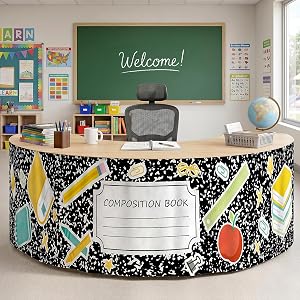 Biggun 14ft Kidney Shaped Teacher Desk Skirt for Back to School Supplies | Easy Hook-and-Loop Installation, Composition Book
