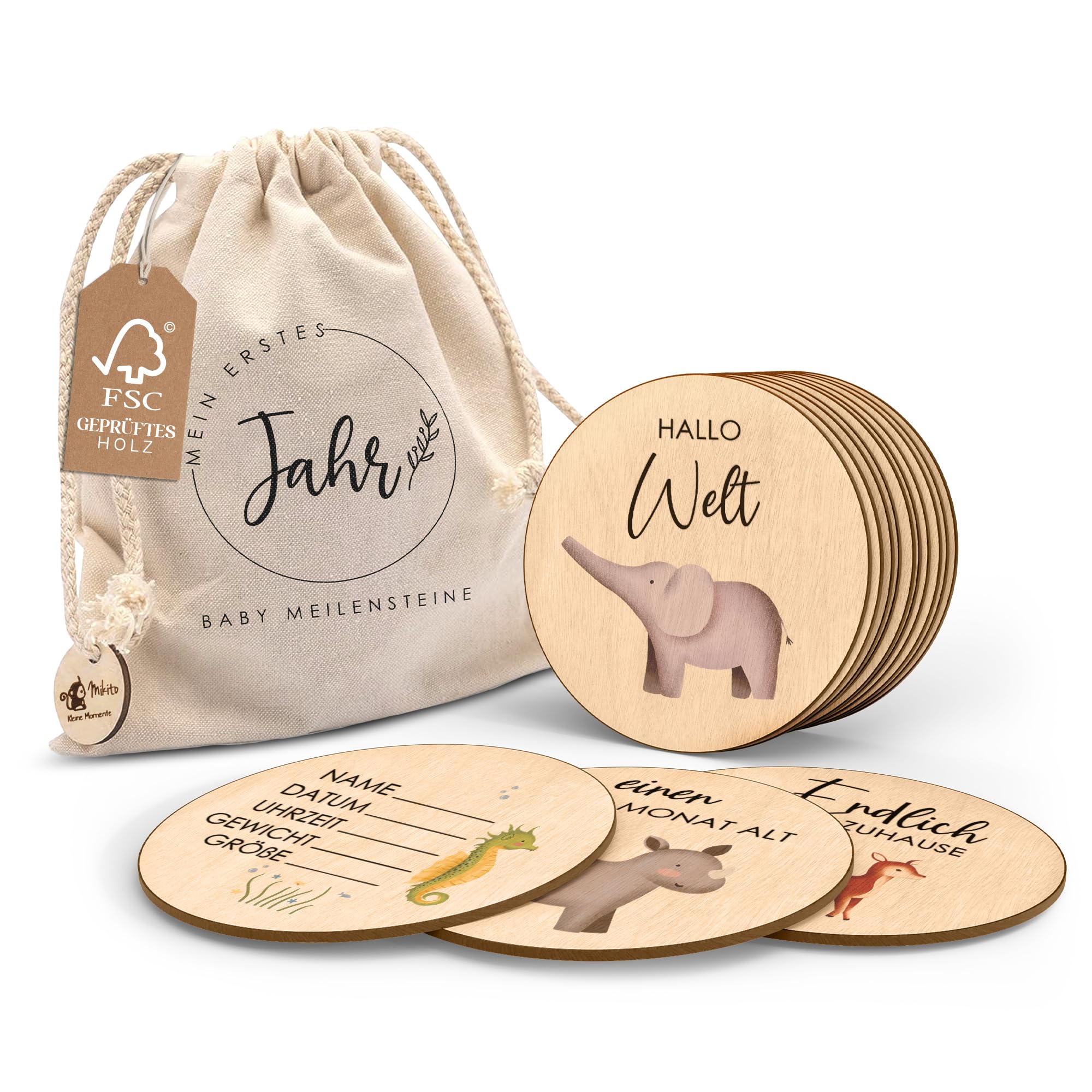 Wooden milestones with animals