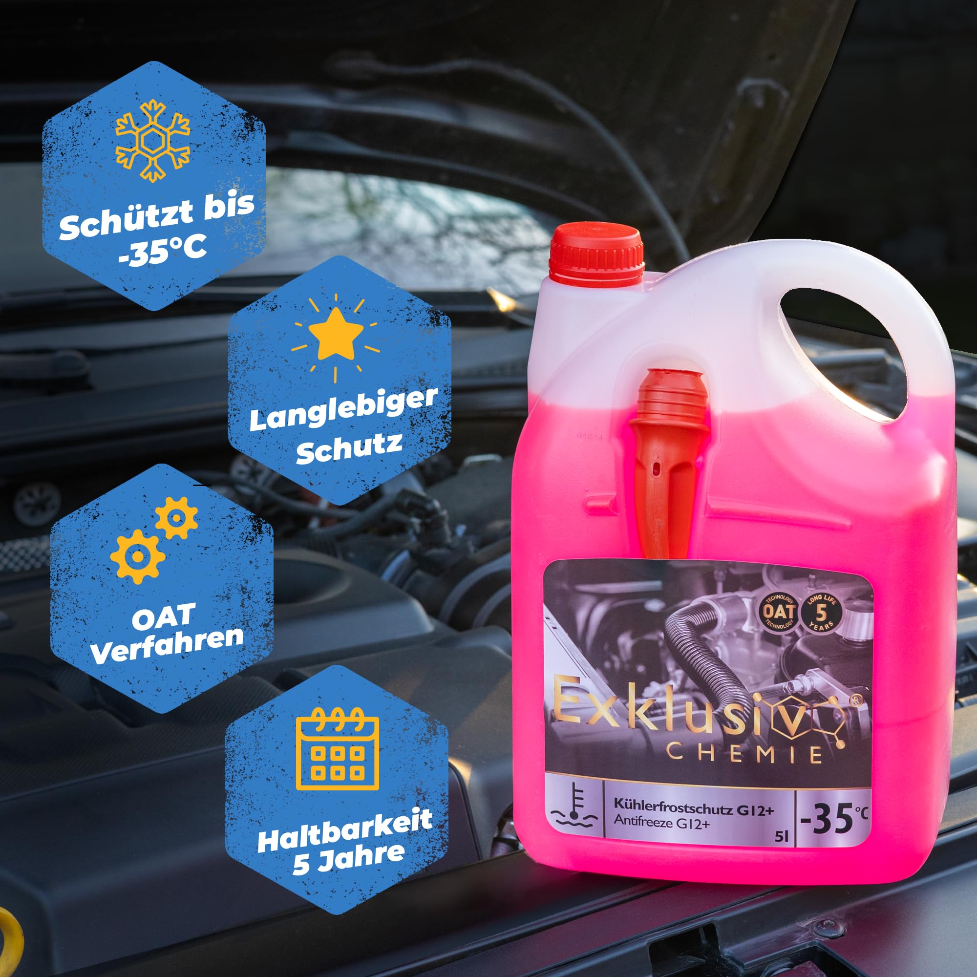 Exklusiv Chemie G12+ Kühlerfrostschutz bis -35° - 5 Liter - 5 Jahre | Kühlflüssigkeit Auto | G12 Kühlmittel Auto | Gebrauchsfertig | Langlebiger Schutz 4