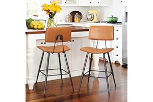 Cozyman 24.5" Counter Height Bar Stools Set of 2, Whiskey Brown Faux Leather Upholstered Barstools with Back Footrest and Metal Legs, Armless Bar Chairs for Kitchen Island/Dining Room/Bar/Basement
