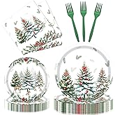 96 Pieces Christmas Tree Plates and Napkins Tableware Set, Winter Green Tree Disposable Dinnerware with Paper Plates Napkins and Forks for Xmas Party Supplies Winter Holiday Birthday Decor- Serves 24
