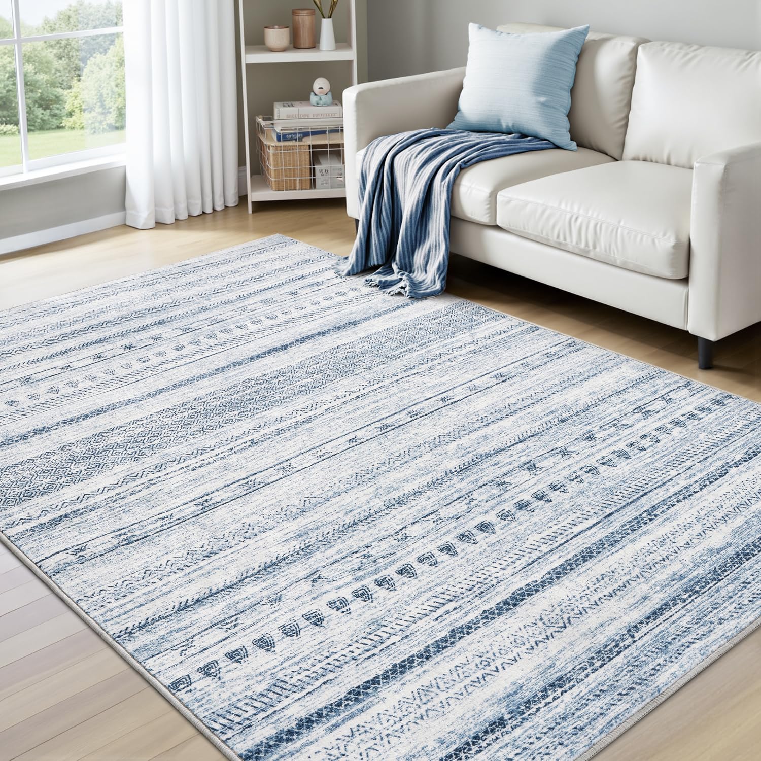 Photo 1 of 4x6 Area Rugs for Living Room Machine Washable Rug Distressed Indoor Carpet Neutral Moroccan Boho Rug Ultra Soft Area Rug for Bedroom Dining Room Playroom Office, Blue