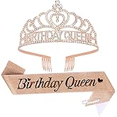 Amaiver Birthday Queen Tiara Crown for Women Girls Birthday Queen Sash Party Decoration Rose Gold Tiara and Crown Party Gifts Supplies Birth Accessories
