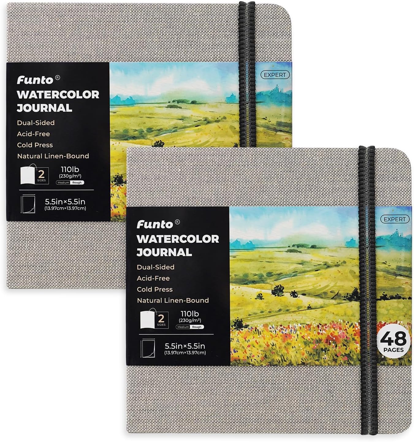 Funto Watercolour Journal, Square, Dual-Sided Cold-Pressed Paper, 5.5" x 5.5", Portable 2-Pack, 48 Pages Each, Gray Cover with Elastic Band, 110 lb/230gsm, Art Supplies for Mixed Media