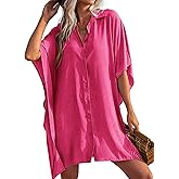 Ekouaer Women's Swimsuit Cover Up 3/4 Sleeve Beachwear Bikini Coverups Button Down Oversized Cover Up Shirt S-3XL