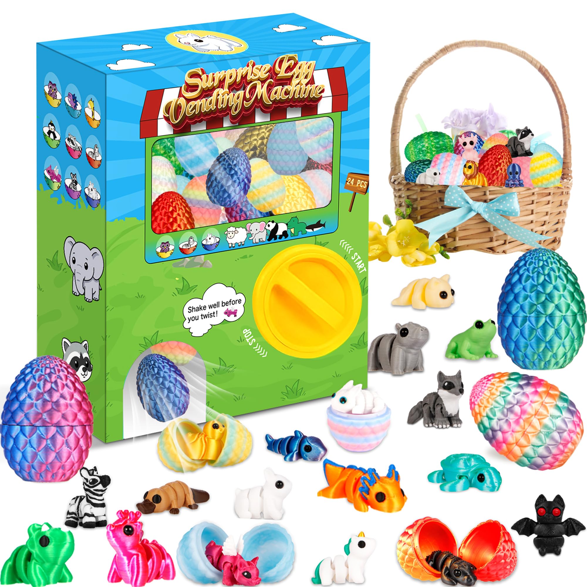 Prefilled Easter Eggs - 24Pcs 3D Printed Surprise Eggs with 3D Animals Toys Capsule Vending Machine Toy Easter Eggs Filled Gifts for Boys Girls Kids