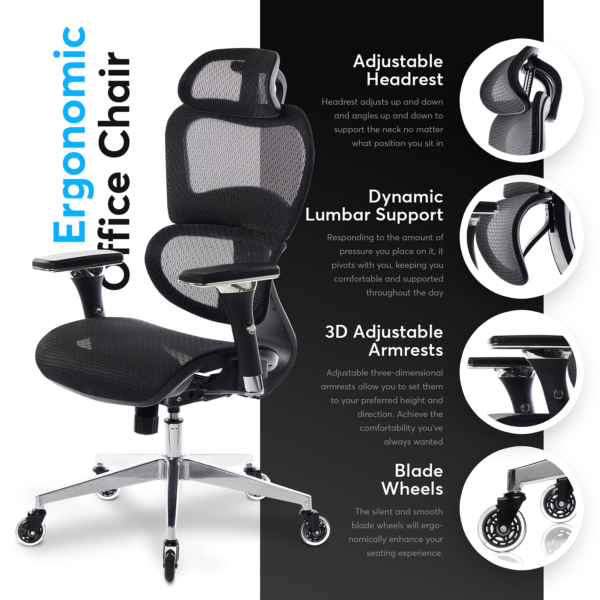 Oline ErgoPro Ergonomic Office Chair, Rolling Desk Chair with 4D Adjustable Armrest, 3D Lumbar Support, Blade Wheels, Mesh Computer Gaming Executive Swivel Chairs Chair (Black) - Image 2