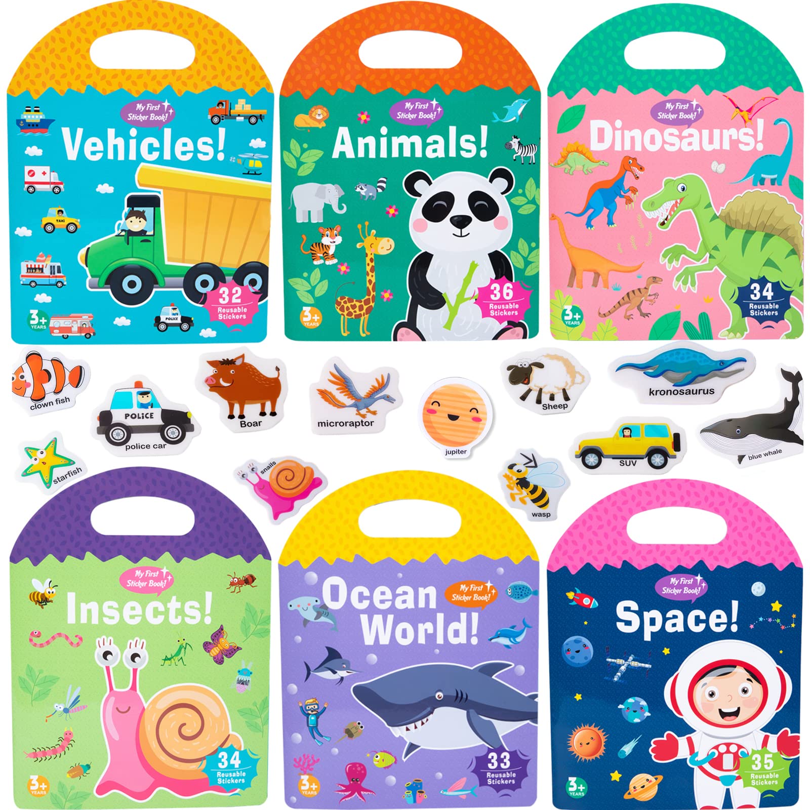 MIKNEKE 6 Pack Jelly Reusable Sticker Books for Toddlers 1-3 2-4 Years, Portable Travel Toys Sticker Activity Book for Kids 2 3 4 Year Old Girls Boys, Animal Insect Dinosaur Ocean Space Car