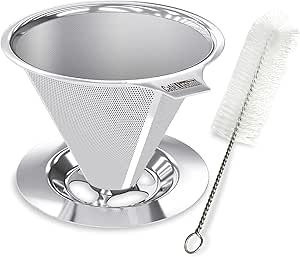 Pour Over Coffee Dripper Stainless Steel Cafellissimo Slow Drip Coffee Filter Metal Cone Paperless Reusable Single Coffee Maker 1-2 Cup Drip Brew Coffee with Double Mesh Liner